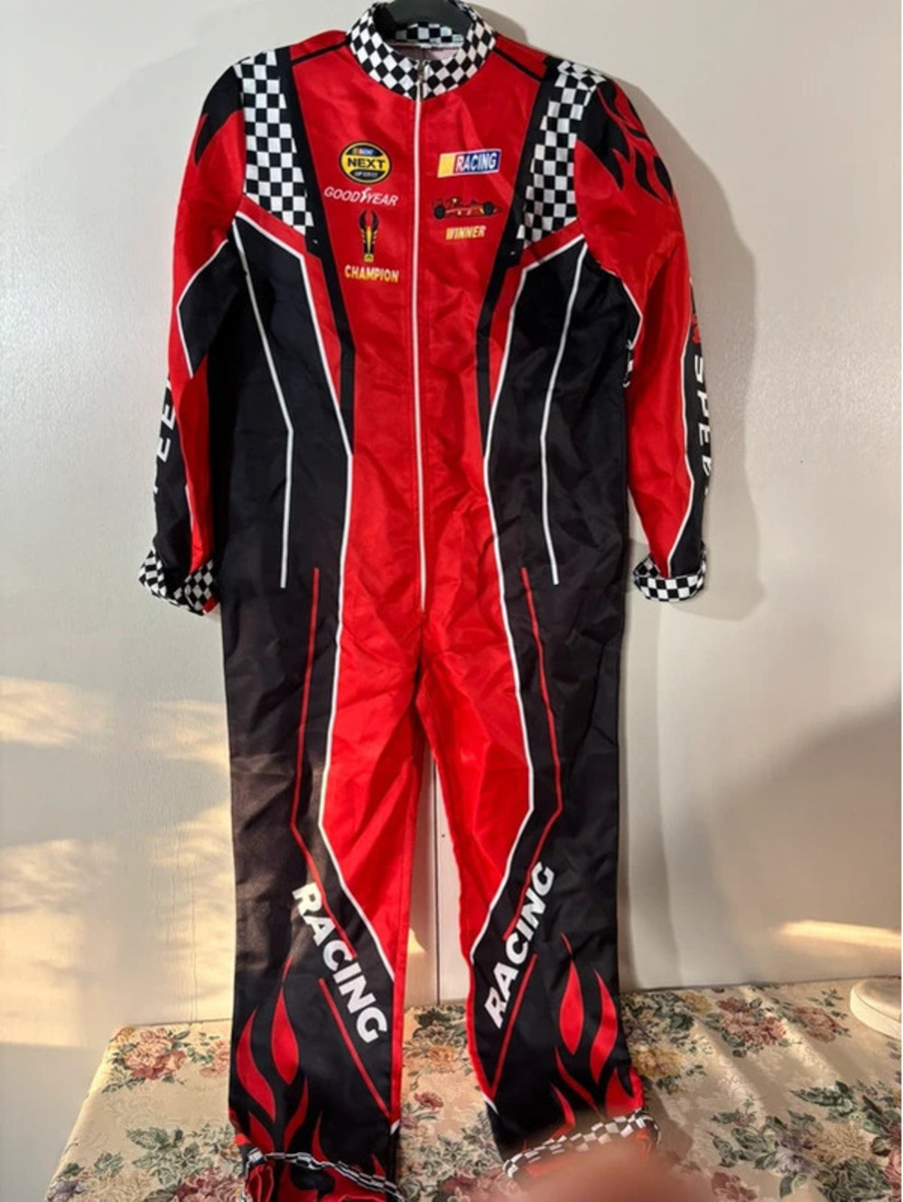 Kids Race Car Driver Costume Size 150 Red Black Racing Jumpsuit